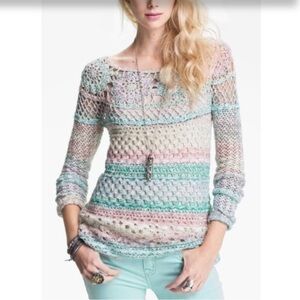 Free People spring sky crocheted, long sleeve, boat neck, scalloped sweater